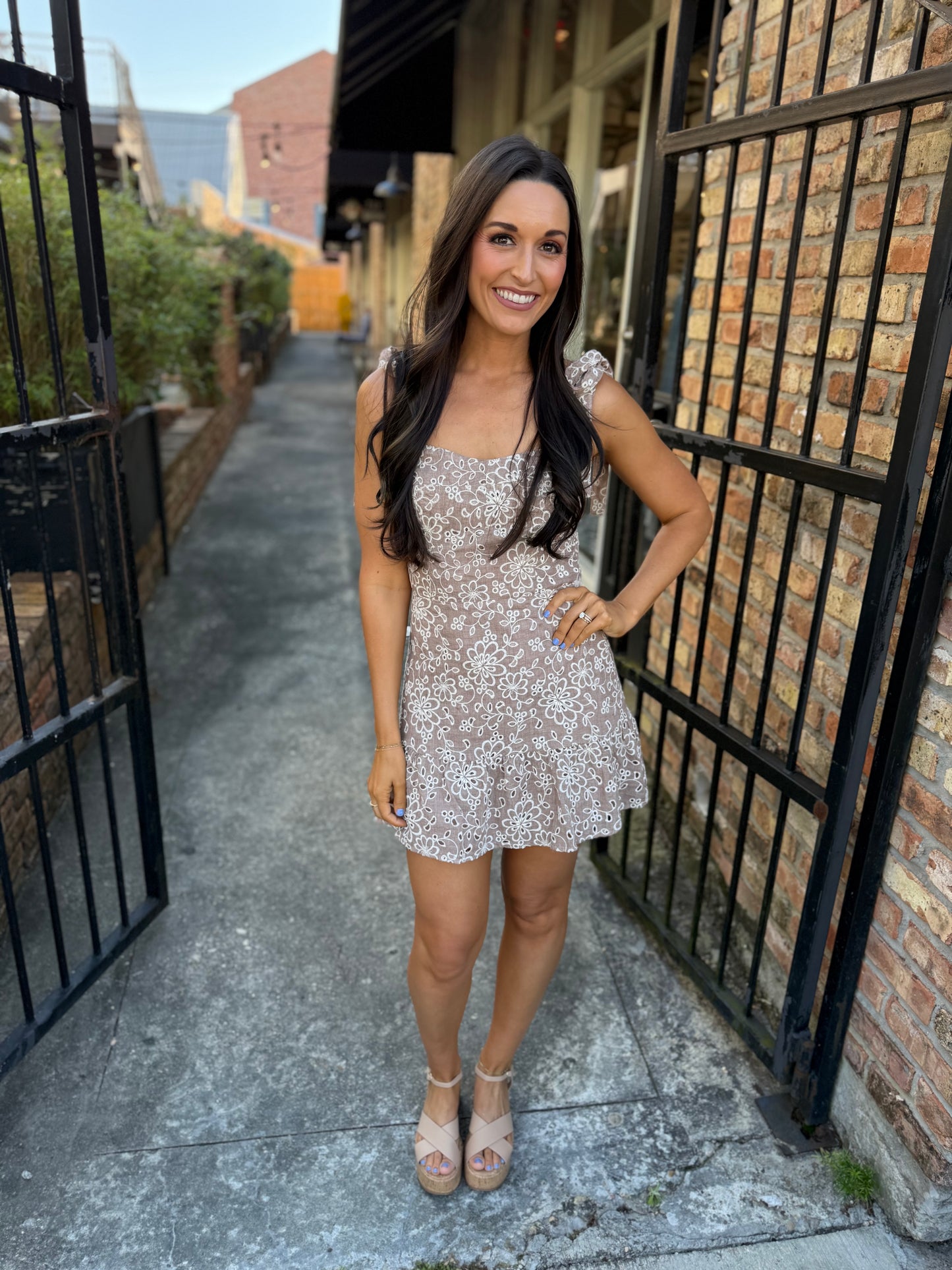 Diggs Eyelet Mini Dress- Taupe