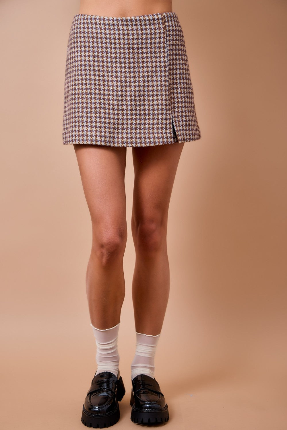 Houndstooth Plaid Mini Skort- Brown/Blue
