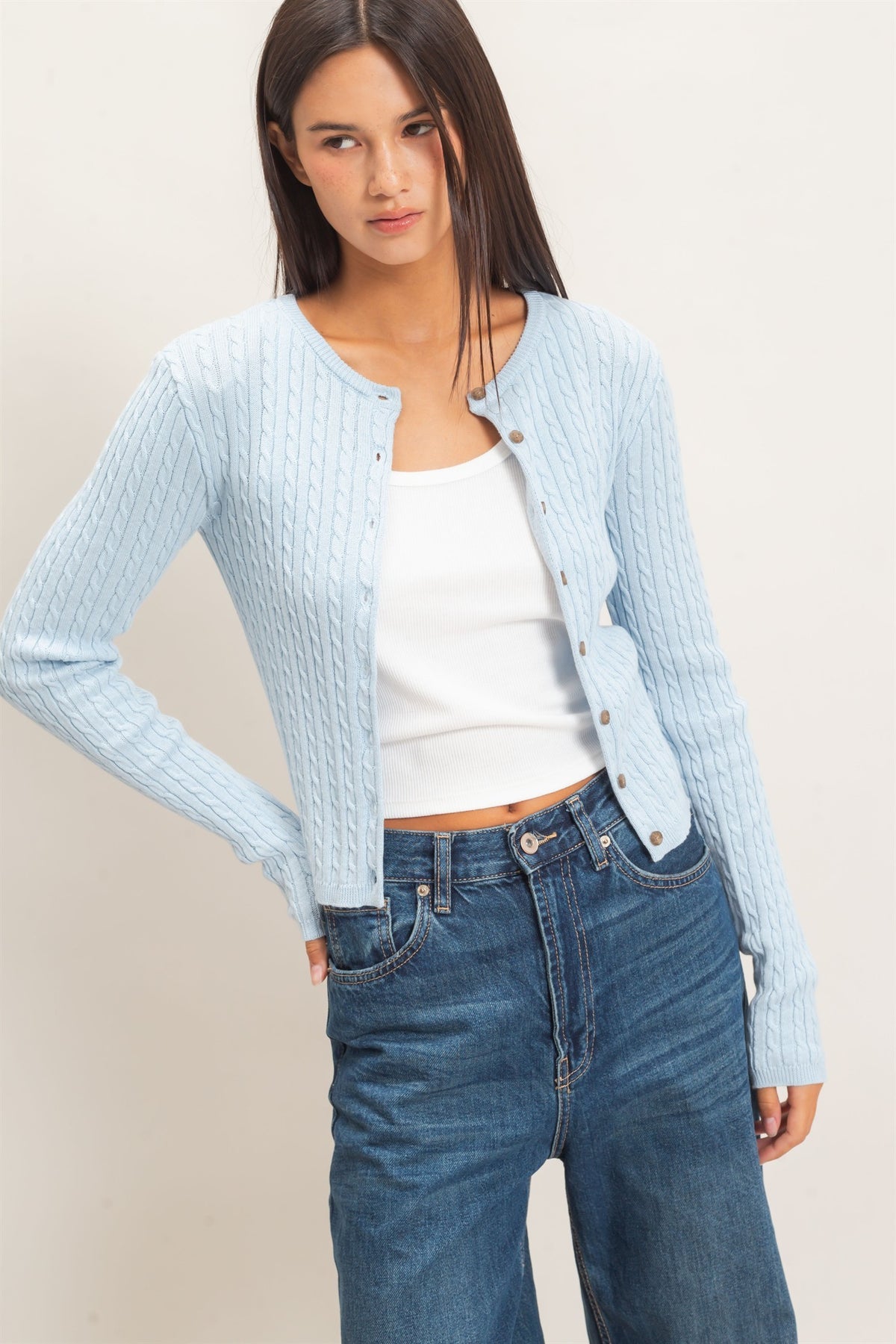 Cedar Cable Knit Cardigan- Ice Blue