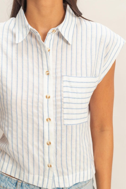 Barry Striped Button Up Top- Blue