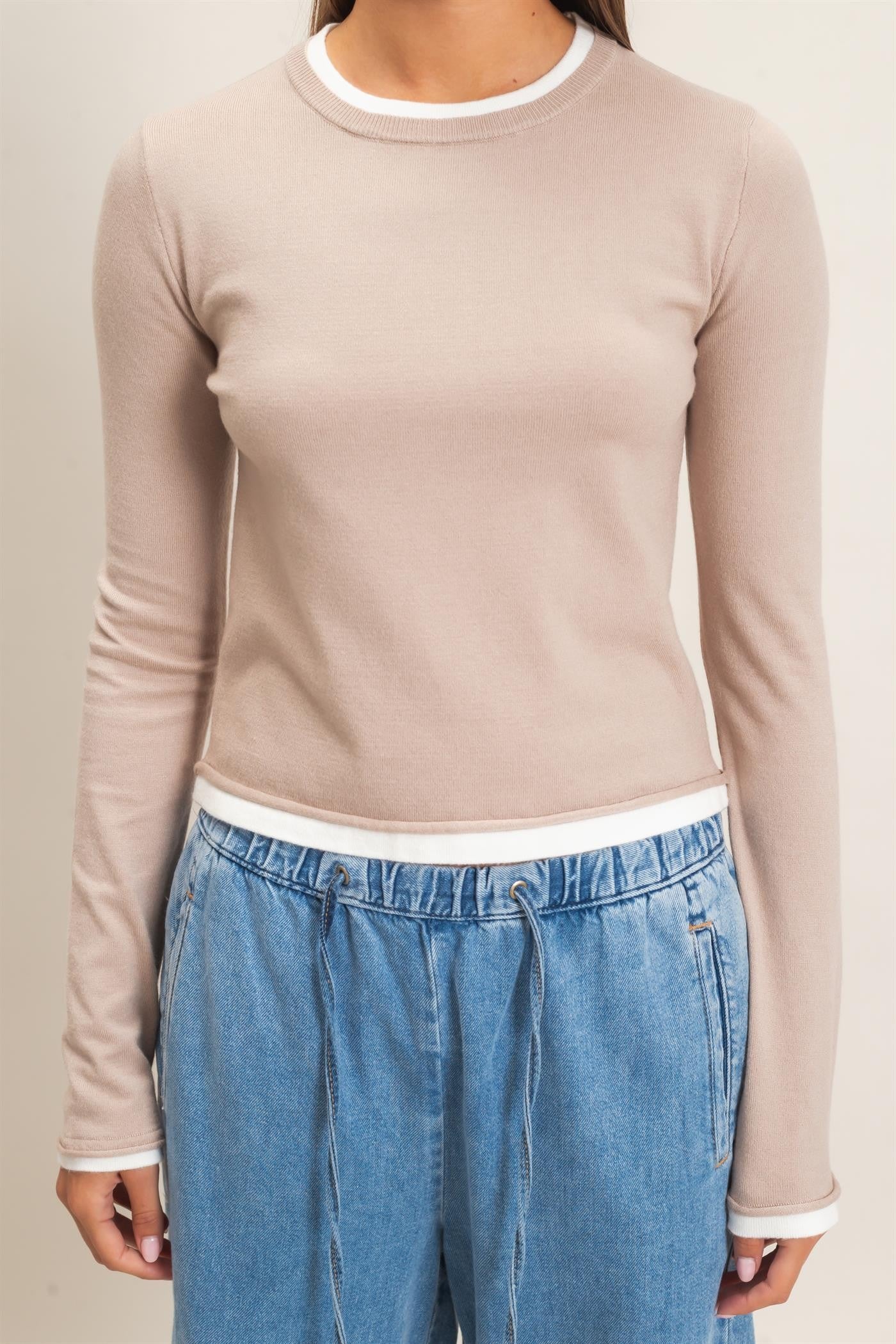 Layer Effect LS Knit Top- Taupe