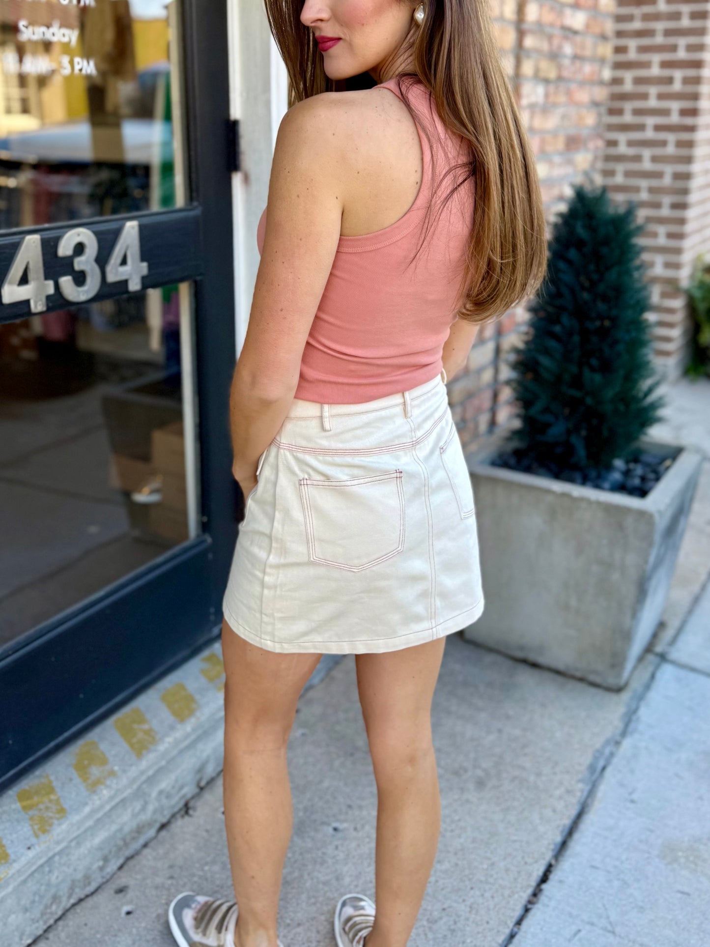Contrast Stitching Mini Skirt- Cream