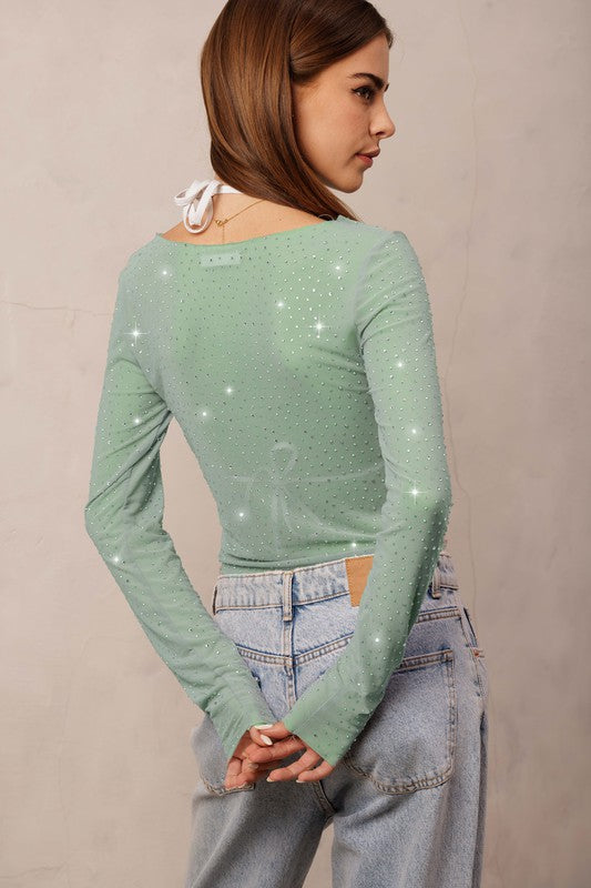 Embellished LS Mesh Top- Green