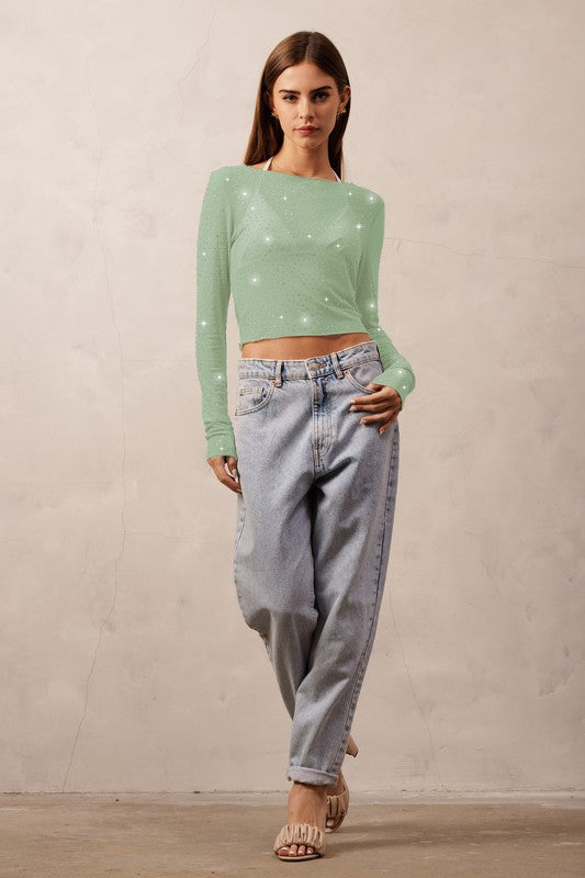 Embellished LS Mesh Top- Green