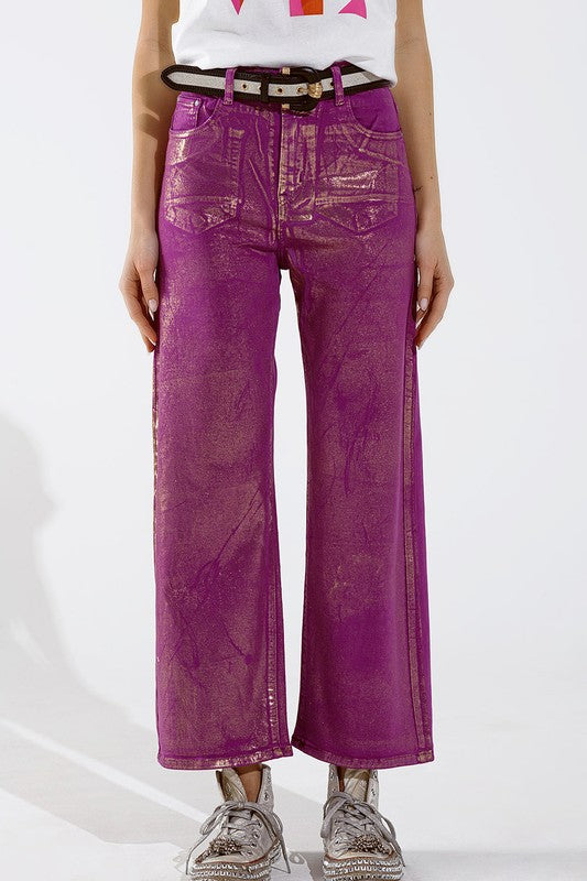 Druids Wide Leg Metallic Denim- Magenta/Gold