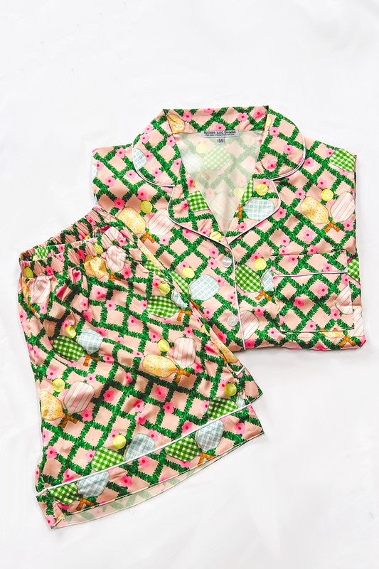 Pickleball Satin Pajamas- Pink & Green