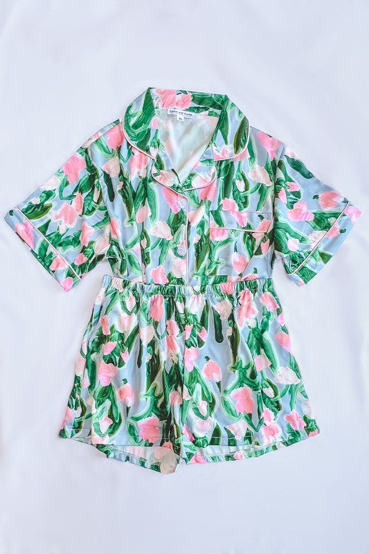 Fluid Tulips Satin Pajamas- Pink & Green