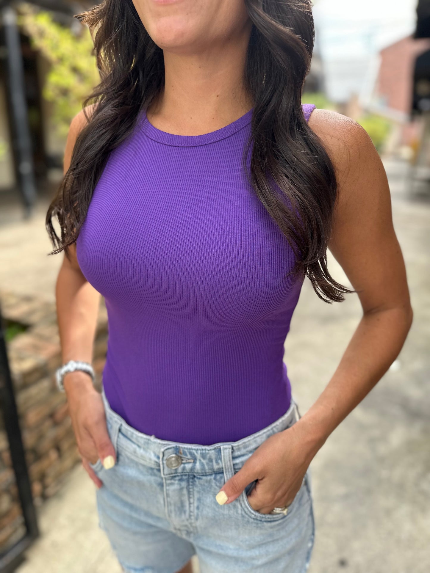 Farrah Fitted Ribbed Bodysuit- Purple