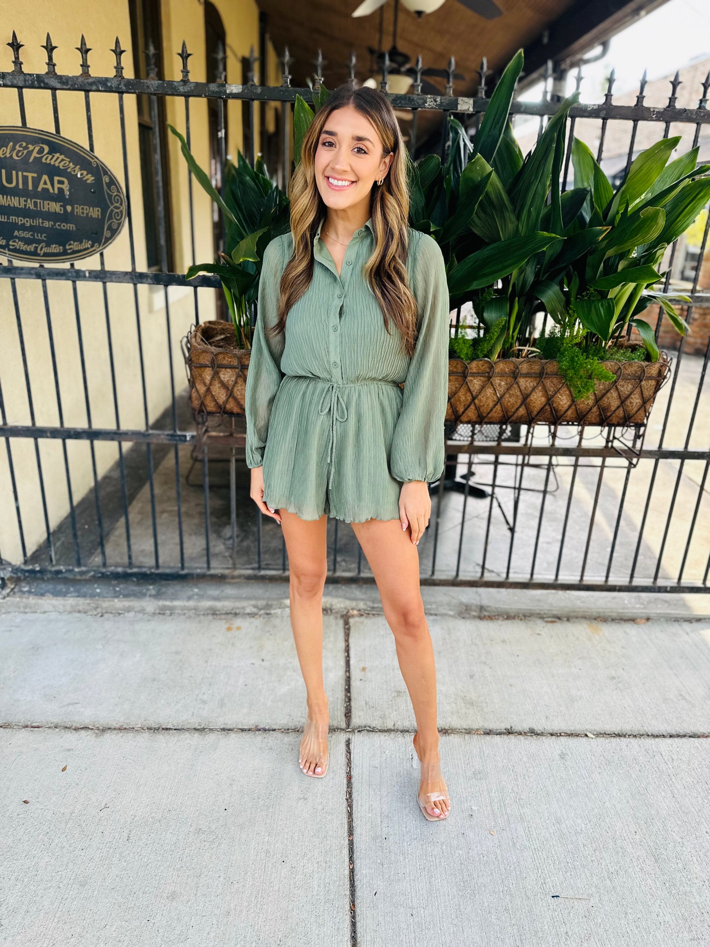 Gathering Button Up Romper- Dark Sage