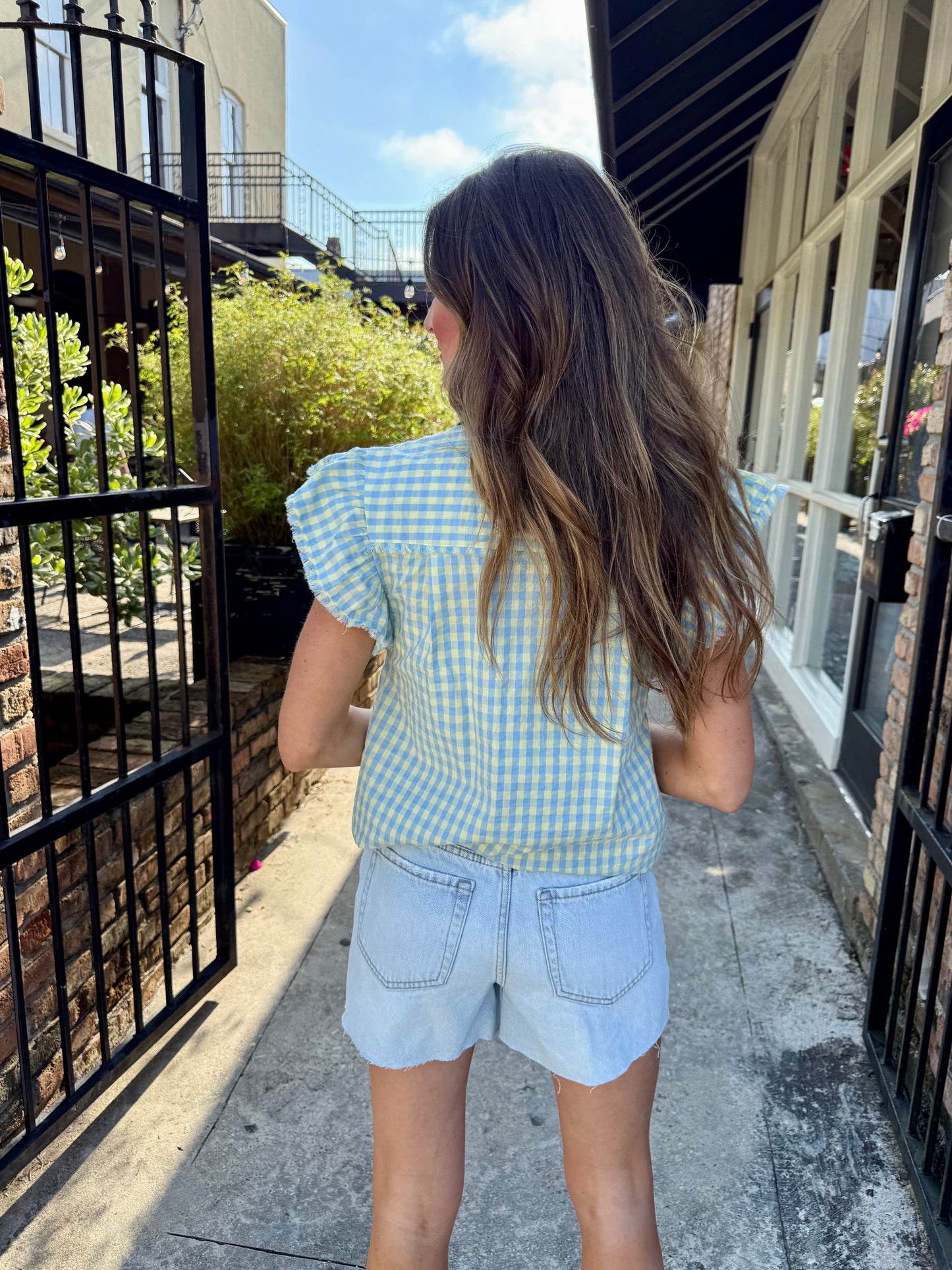 Burb Gingham Flutter Sleeve Top- Blue/Yellow