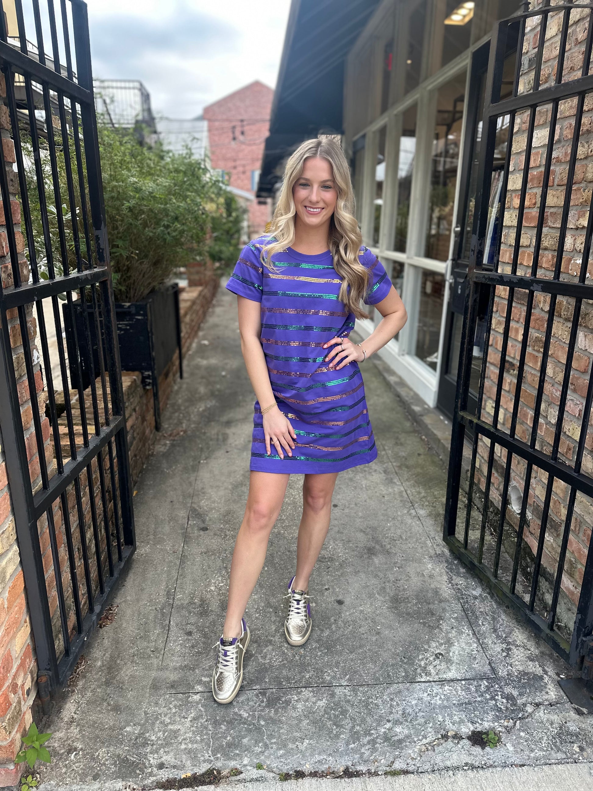 MG Sequin Stripe Dress- Purple Small MG Sequin Stripe Dress- Purple Small