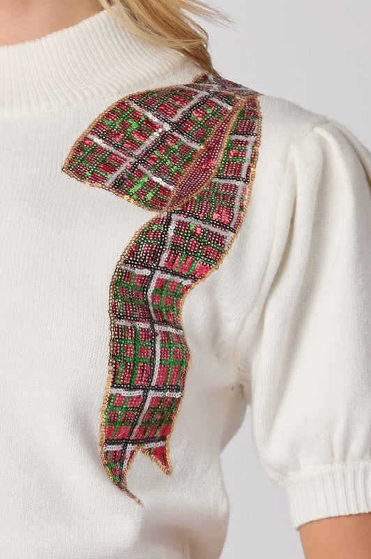 Christmas Plaid Bow Top- White