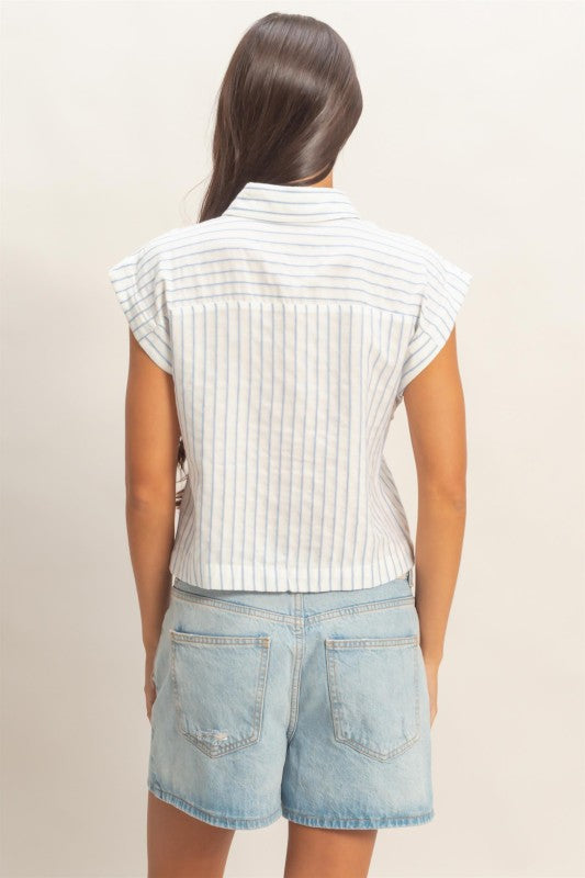 Barry Striped Button Up Top- Blue