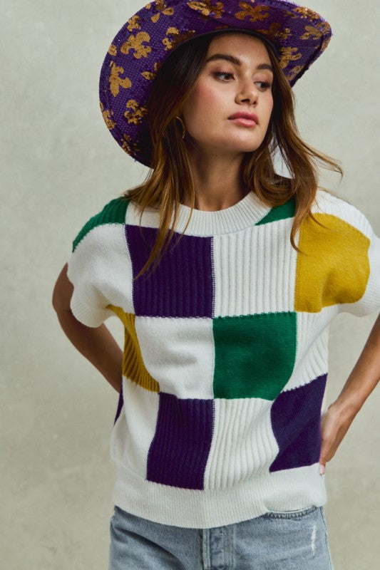 Cleopatra Checkered Sweater Top- Ivory