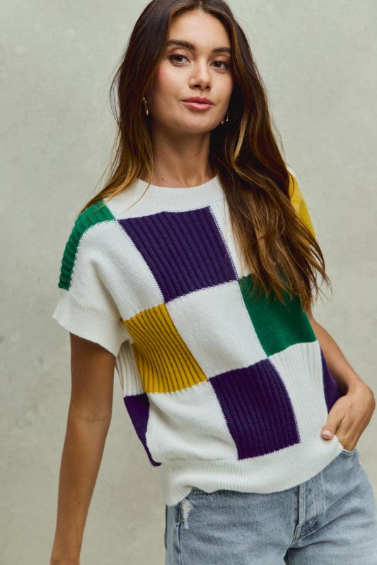 Cleopatra Checkered Sweater Top- Ivory