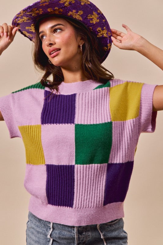 Cleopatra Checkered Sweater Top- Lavender