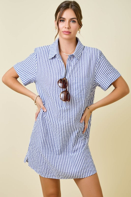 Day Striped Shirt Dress- Navy