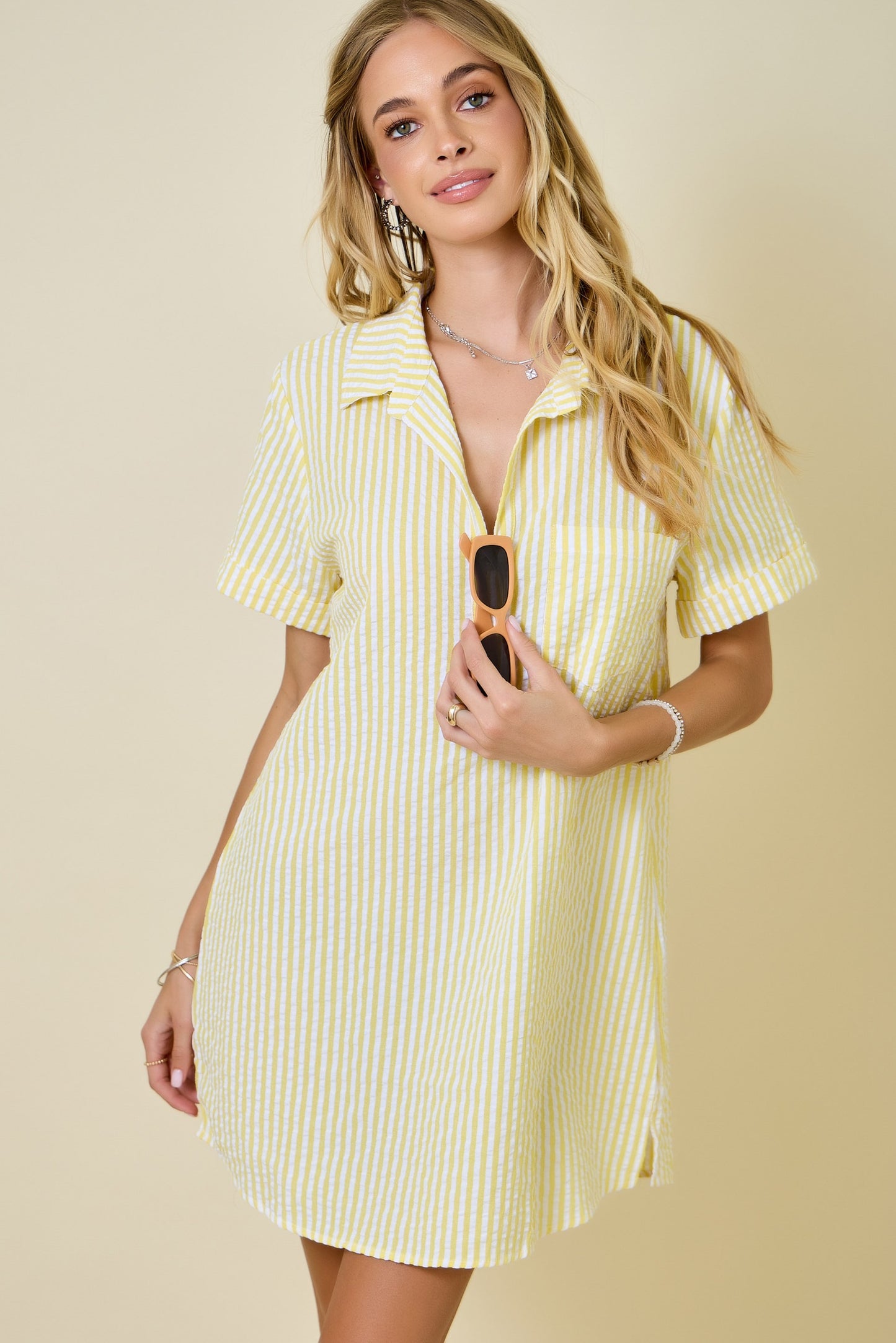 Day Striped Shirt Dress- Lemon/White