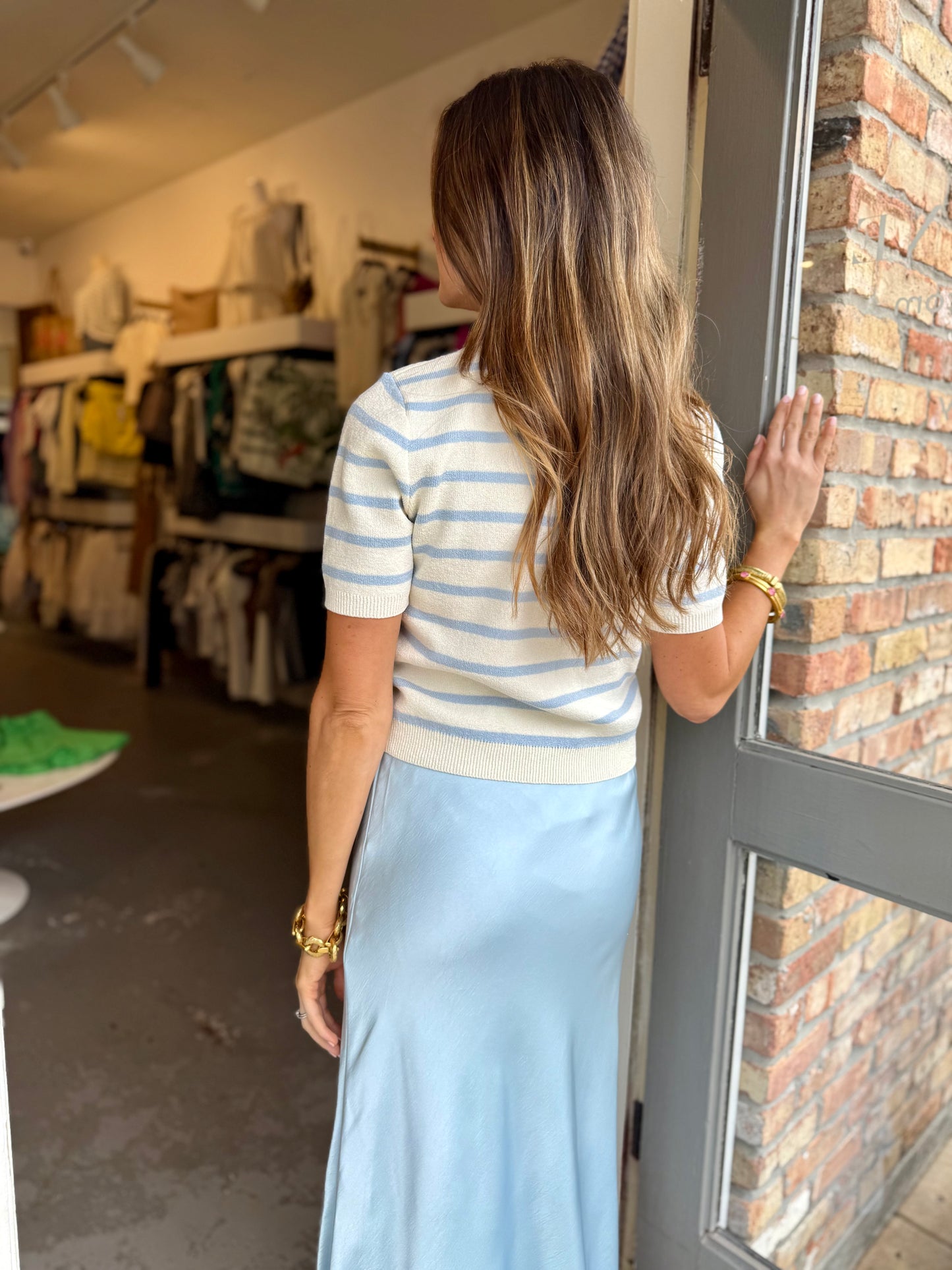 Naomi Striped Cardigan Top- Ice Blue