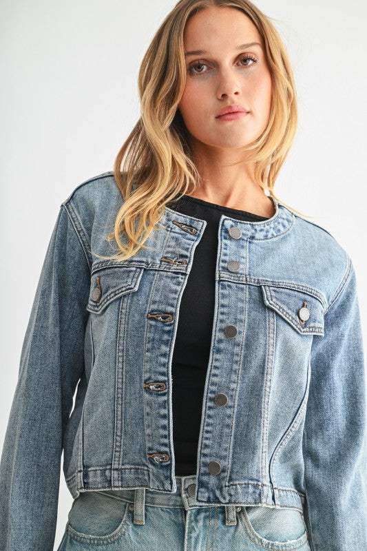 Collarless Denim Jacket