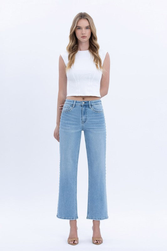 Honorable Studded HR Ankle Slim Wide Denim