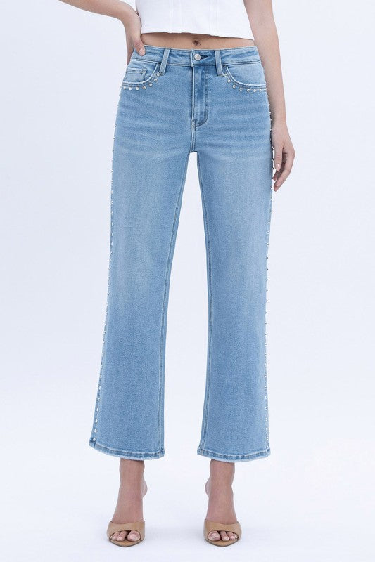 Honorable Studded HR Ankle Slim Wide Denim