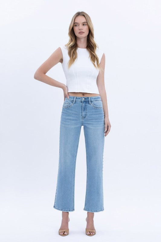 Honorable Studded HR Ankle Slim Wide Denim