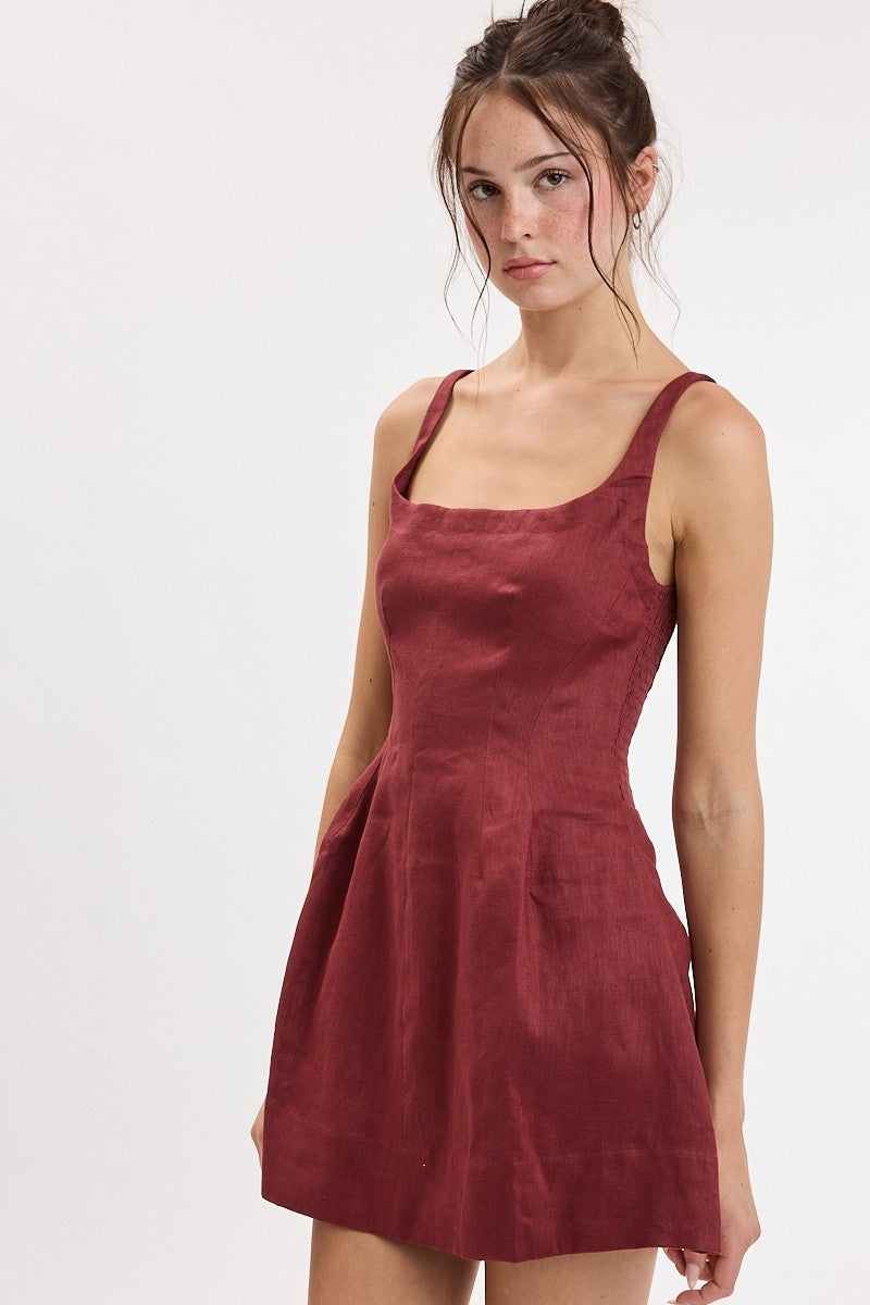 Louis Linen Square Neck Mini Dress- Brandy Brown