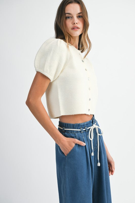 Pepita Puff Sleeve Cardigan- Ivory