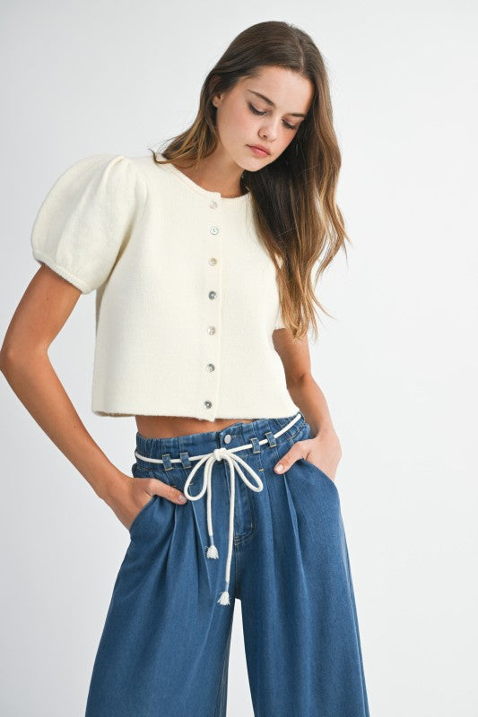 Pepita Puff Sleeve Cardigan- Ivory