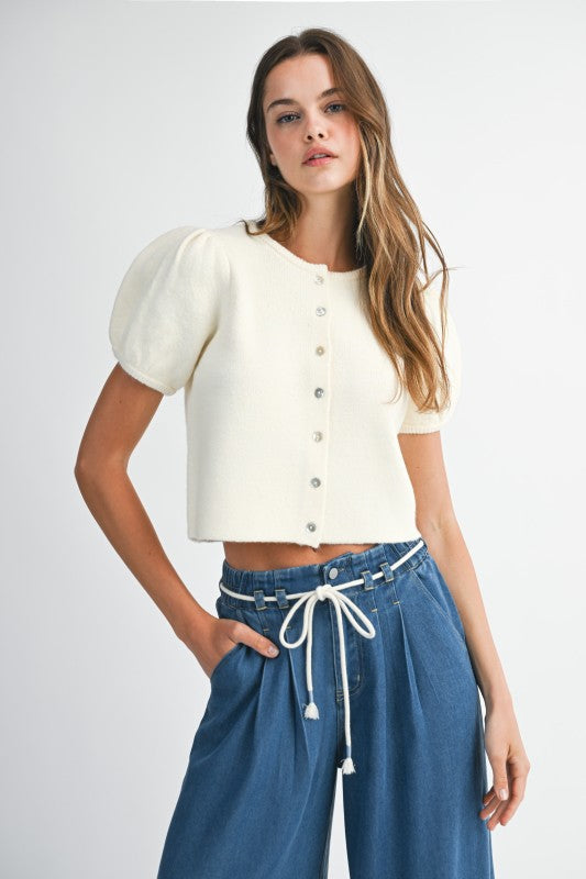 Pepita Puff Sleeve Cardigan- Ivory