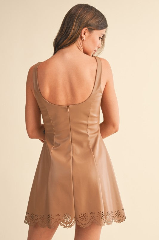 Lazer Cut Faux Leather Dress- Latte