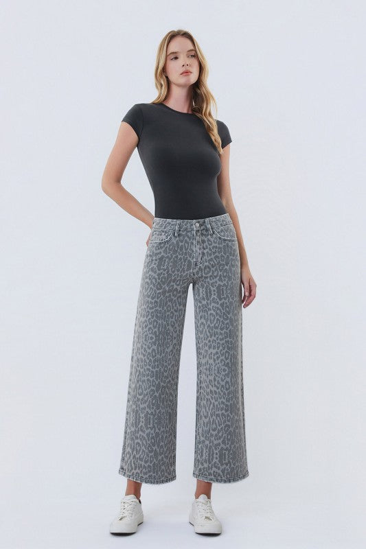 Olivia (Grey Leopard) HR Wide Leg Jeans