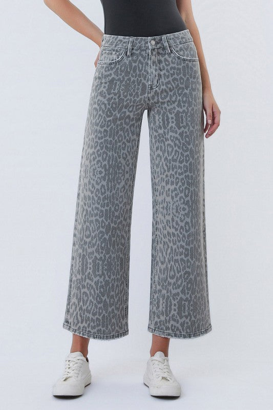 Olivia (Grey Leopard) HR Wide Leg Jeans
