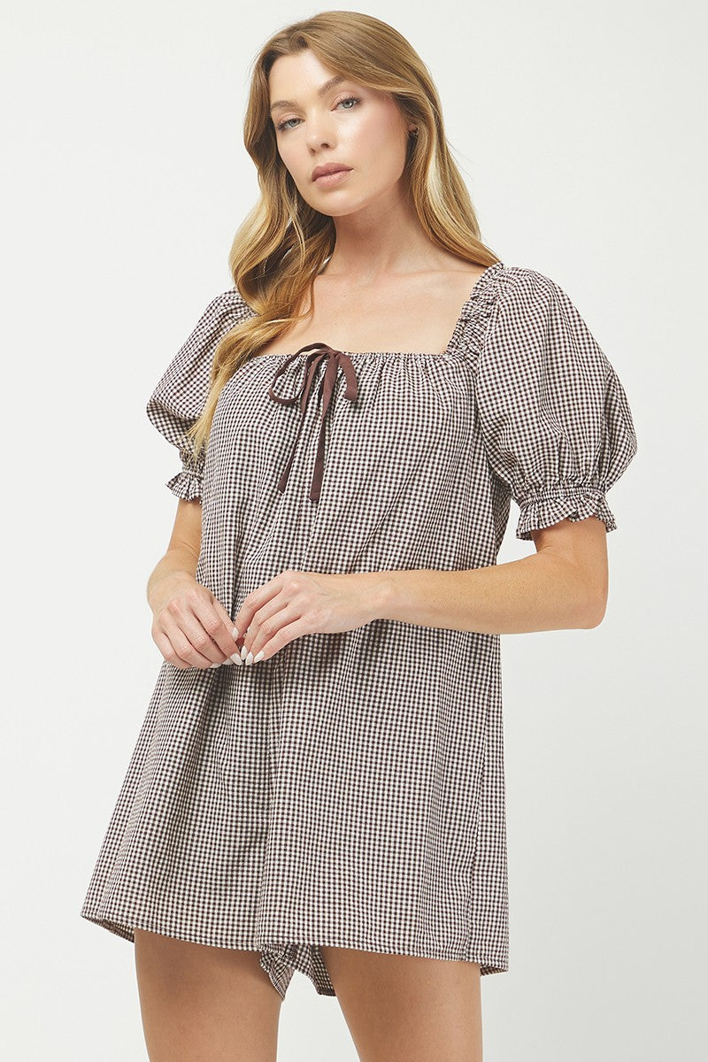 Gingham Romper- Brown