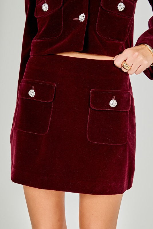 Velvet Jeweled Button Mini Skirt- Merlot