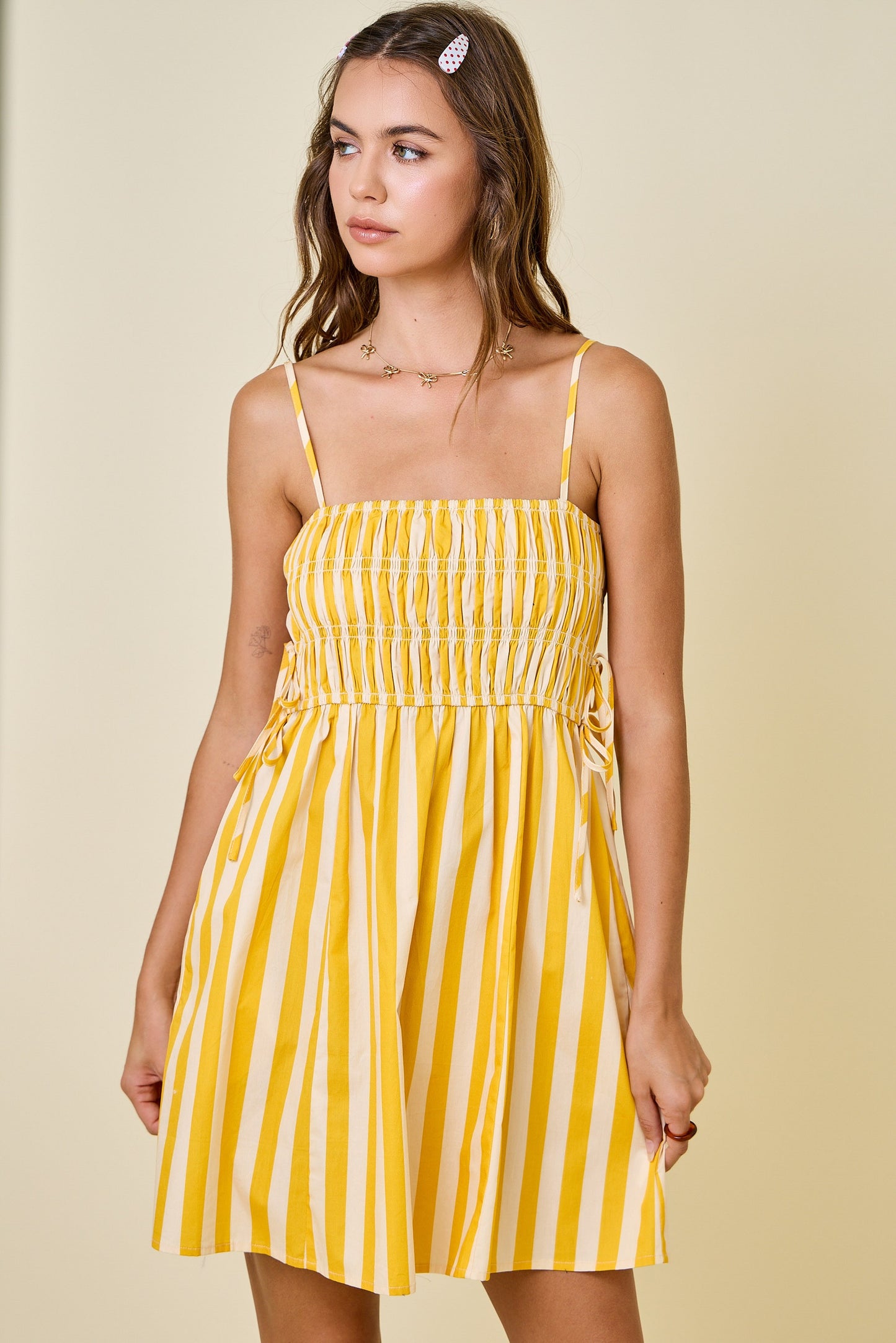 Huddle Striped Smocked Mini Dress- Butter Yellow