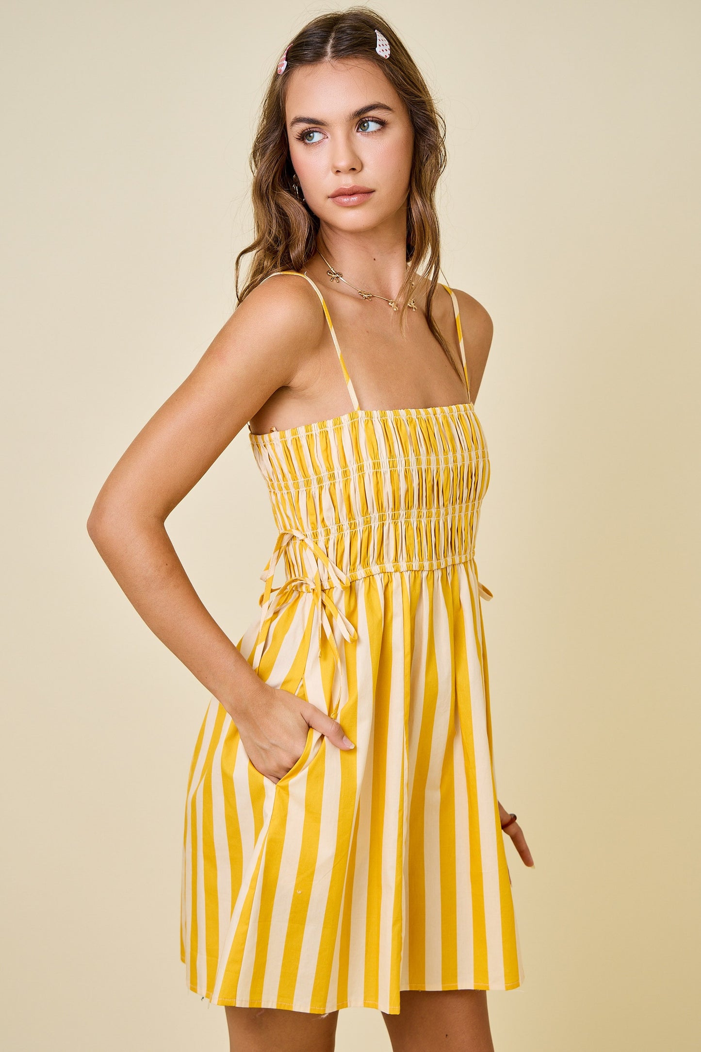 Huddle Striped Smocked Mini Dress- Butter Yellow