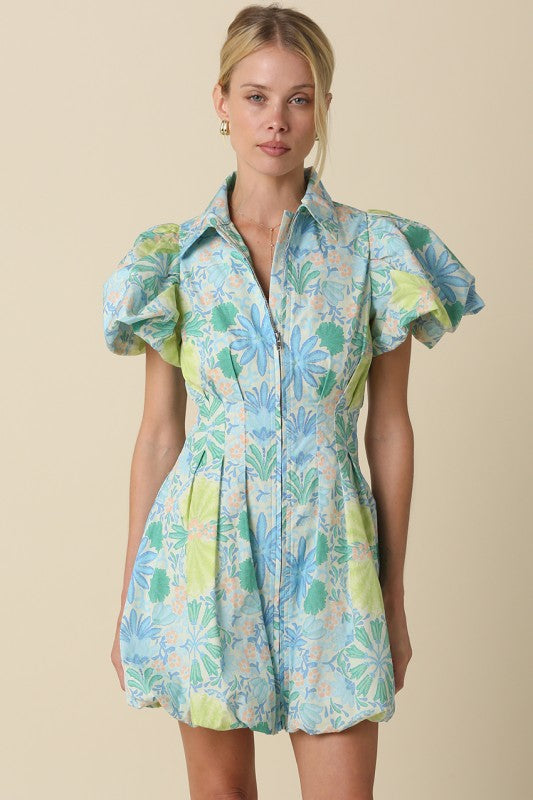 Dylan Puff Mini Dress- Lime Multi