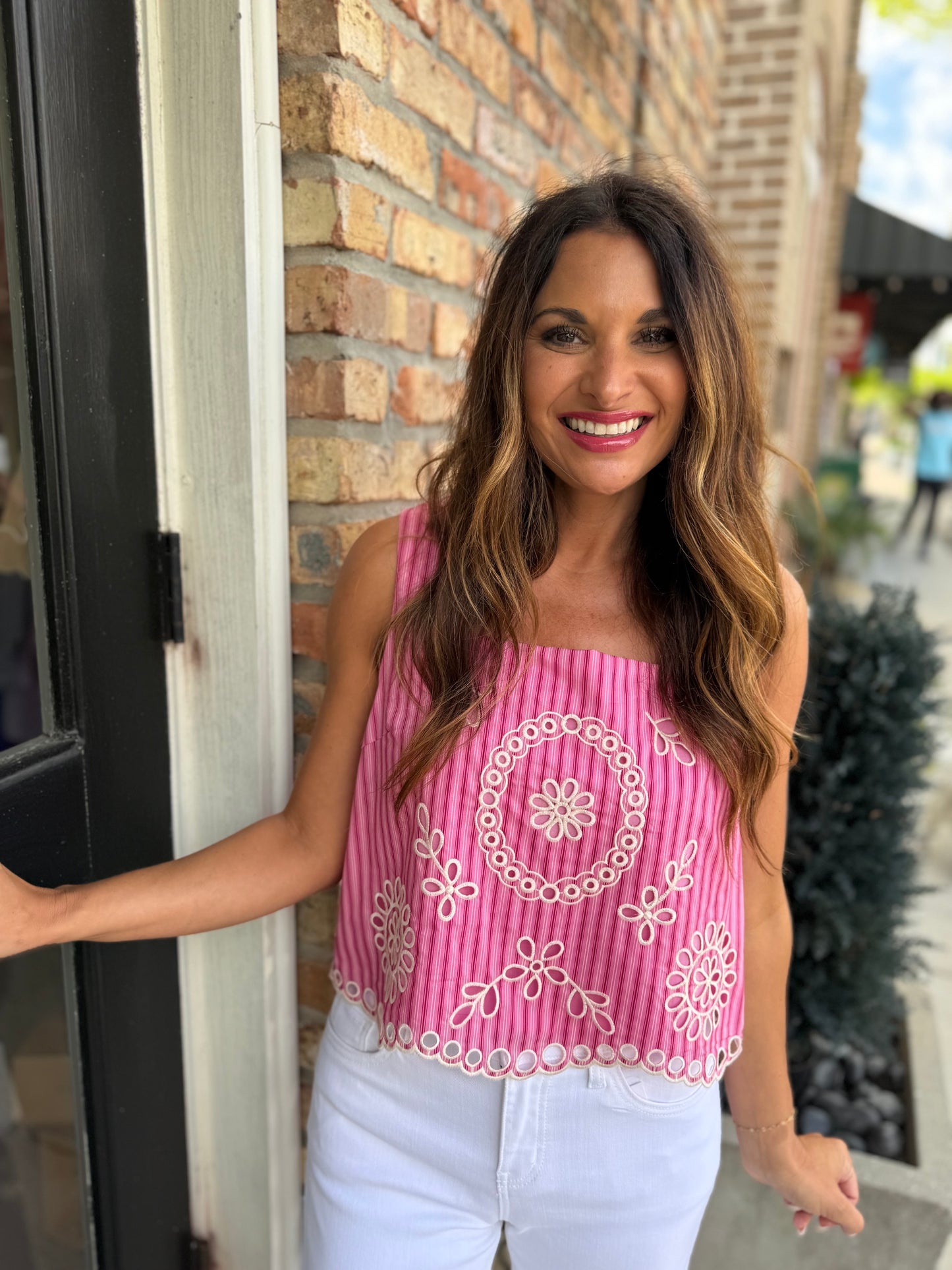 Striped Eyelet Top- Pink