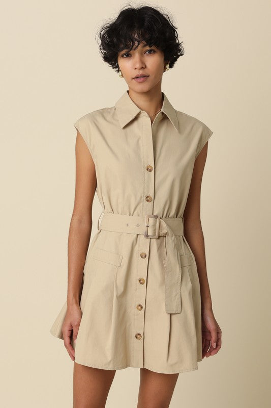 Donna Belted Sleeveless Shirt Dress- Khaki
