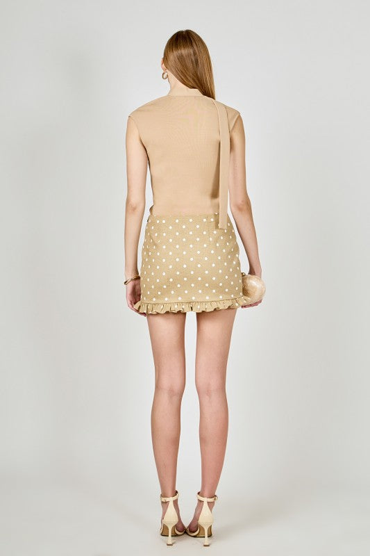 Polka Dot Mini Ruffle Skirt- Tan/White