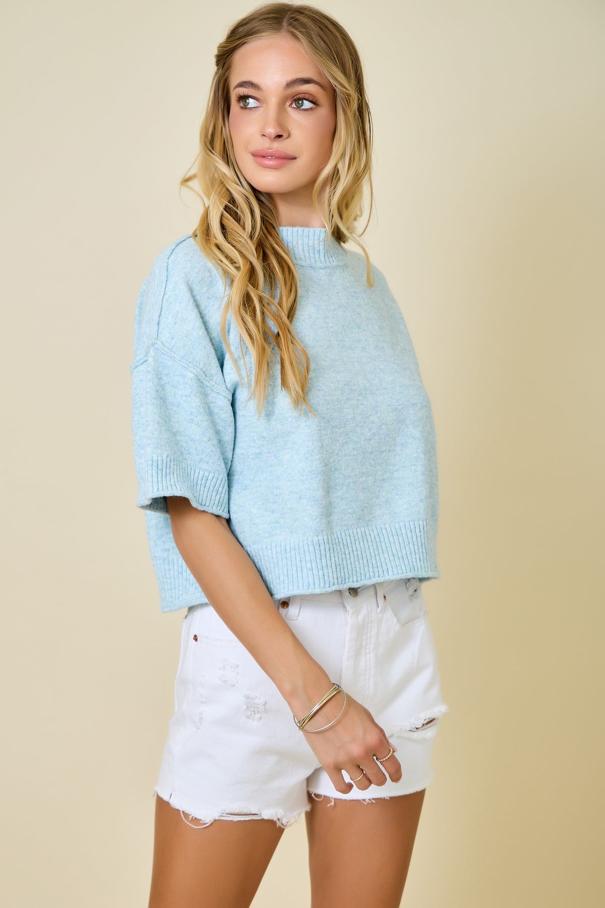 Brendan Mock Neck Sweater Top- Sky