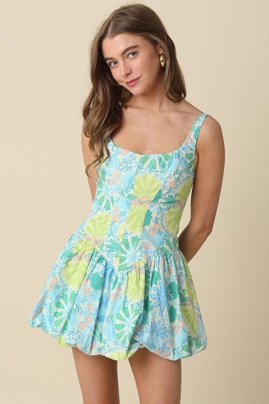 Leanna Floral Bubble Mini Dress- Lime Multi