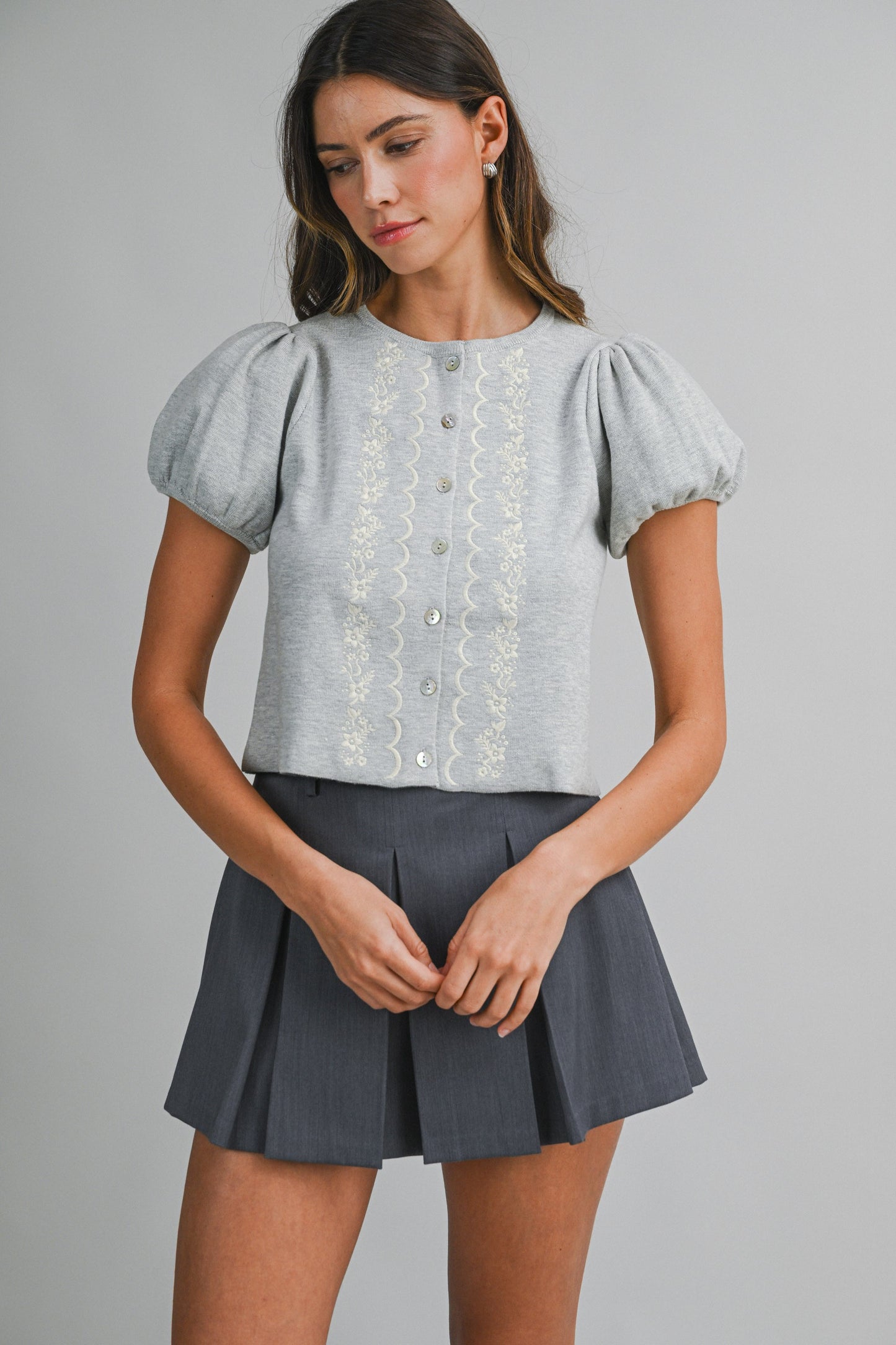 Pepita Puff Sleeve Cardigan-H. Grey Embroidered