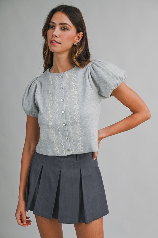 Pepita Puff Sleeve Cardigan-H. Grey Embroidered