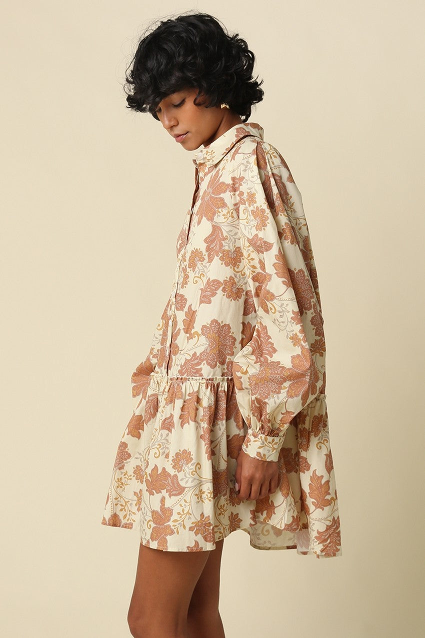 Mia Floral Mini Shirt Dress- Natural Rust