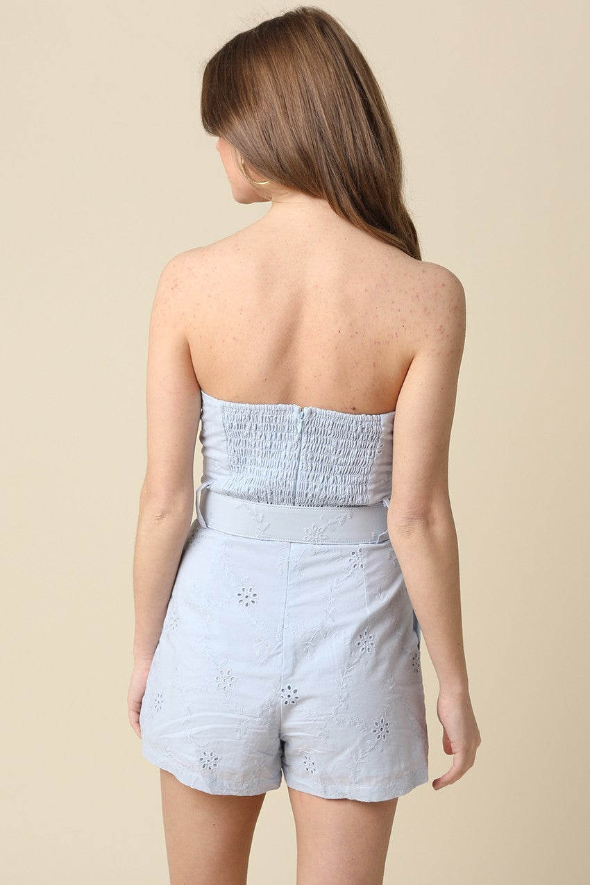 Kaya Strapless Belted Romper- Sky