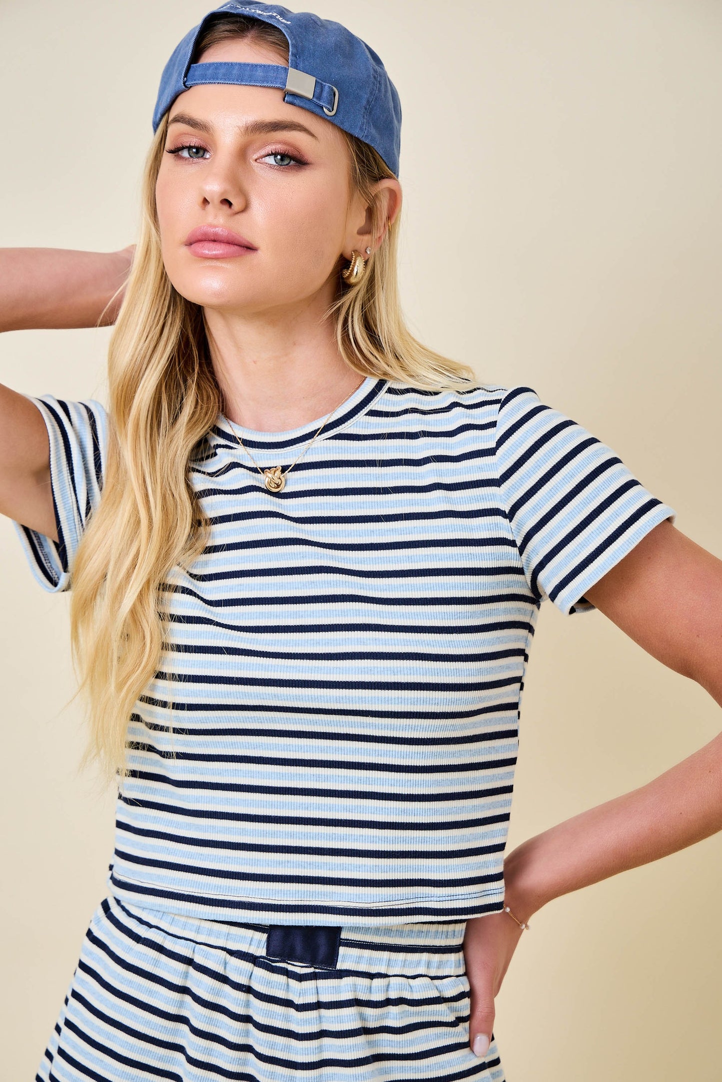 Nicole Striped Ribbed Tee- Navy/Blue