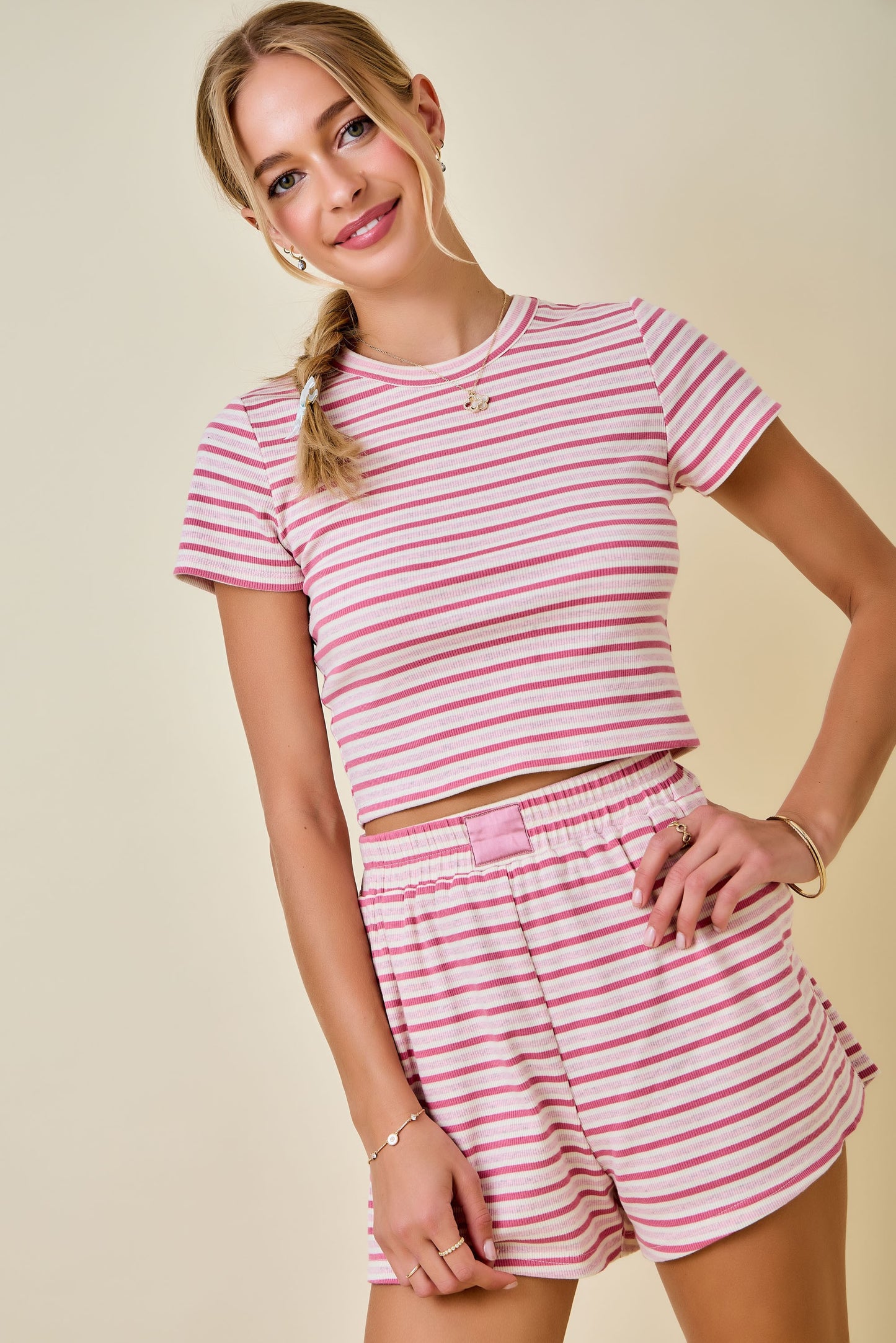 Nicole Striped Ribbed Tee- Pink/Rose